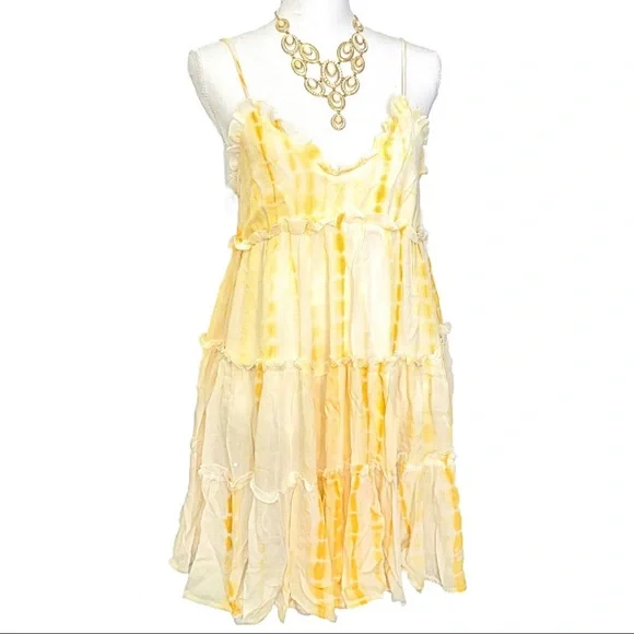 🆕 Gorgeous Yellow White TieDyed Tiered Spaghetti Strap Babydoll Dress SM NWT - Picture 1 of 9